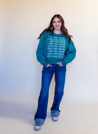 Back view of Poppy & Pine teal Love Like Jesus crop sweatshirt