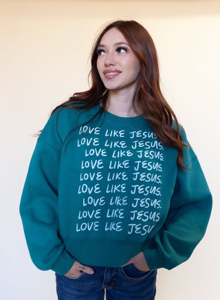 Poppy & Pine teal green cropped sweatshirt with Love Like Jesus print