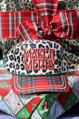 Poppy & Pine holiday hat with leopard-print crown and tartan plaid bill