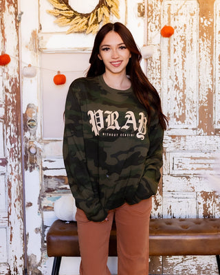 Camo graphic sweatshirt with faith-inspired Pray Without Ceasing message
