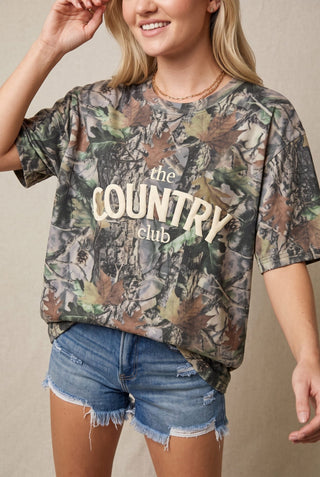 Country Club heavyweight tee in bold vintage wood camo print cotton