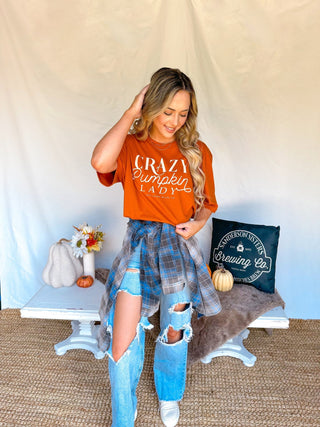 Crazy Pumpkin Lady tee styled on model with straight-leg jeans