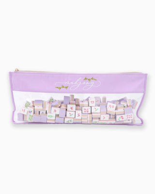 Detail view of lilac mahjong bag showing clear bottom section