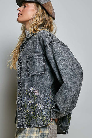 PRE ORDER POL Midnight Meadow Shirt Jacket, Black Floral - 160 Outerwear - The Farmhouse