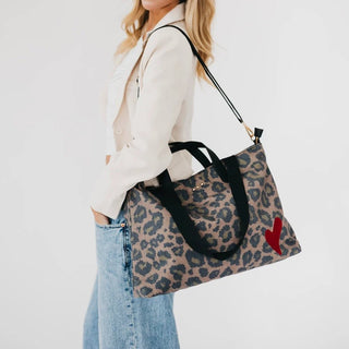 Pretty Simple Chelsie leopard printed canvas tote with embroidered red heart