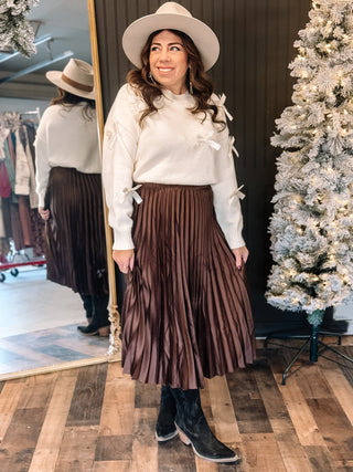 Radiant Grace Holiday Satin Midi Skirt, Chocolate - The Farmhouse