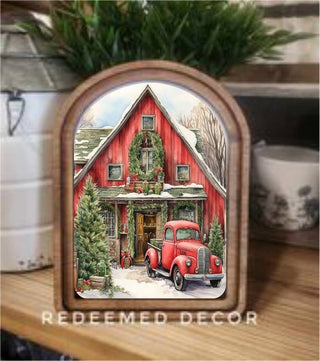 Red Christmas Barn Arch Framed Art 6x8" - 420 Home Decor - The Farmhouse