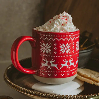 Alternate view of red Fair Isle sweater mug showing handle