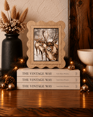 Reindeer wreath Christmas framed canvas art with scalloped edge