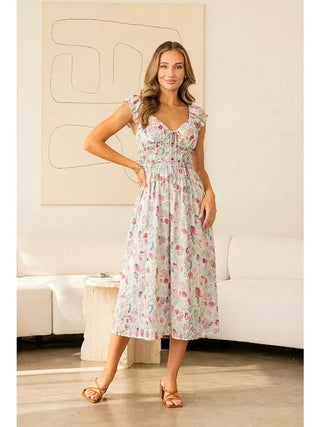 Relaxed Fit Floral Print V Neck Midi Dress - Dress - The Farmhouse