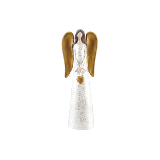 White resin angel figurine with gold glitter accents, brown hair and heart