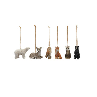 Hand-painted resin woodland animal ornaments with rustic twine hangers