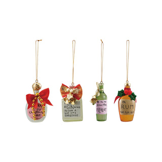 Resin bottle ornament with hand-lettered holiday cocktail saying and metallic details
