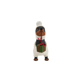 Side view of dachshund keepsake box in holiday sweater and pom-pom hat