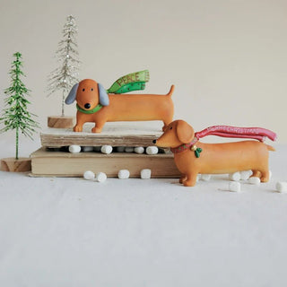 Resin dog figurine wearing a scarf with sweet holiday saying, two styles