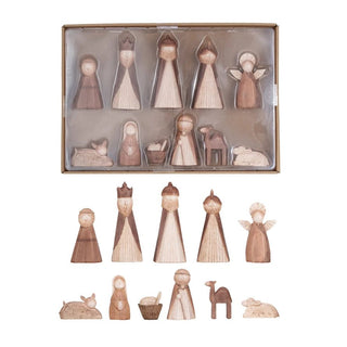 Boxed set of 11 resin nativity figures with warm wood finish