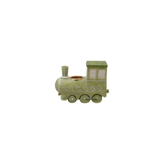 Sage green resin train taper holder with white details and gold taper cup