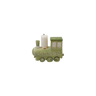 Side view of hand-painted train candle holder with window and wheel motifs