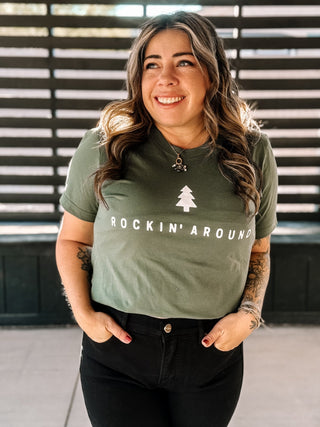 Rockin' Around Boho Christmas Graphic Tee, Forrest Green - The Farmhouse