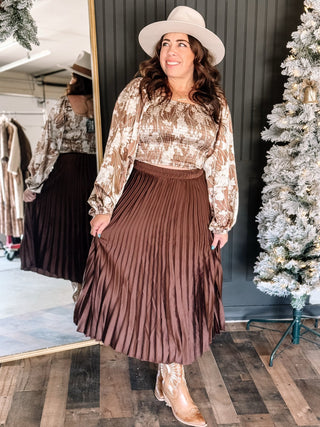 Rosette Floral Satin Holiday Blouse, Mocha - The Farmhouse