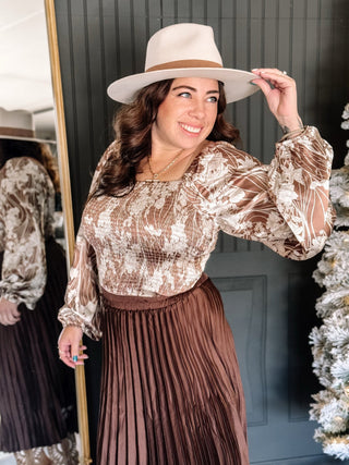 Rosette Floral Satin Holiday Blouse, Mocha - The Farmhouse