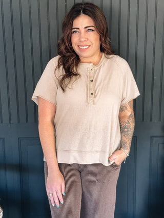 Rowan Raw Edge Henley Top, Latte - The Farmhouse