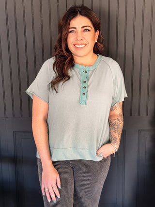 Rowan Raw Edge Henley Top, Olive Sage - The Farmhouse