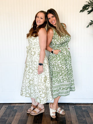Sage Ivory Border Bloom Midi Dress - 170 Dresses - The Farmhouse