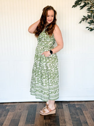 Sage Ivory Border Bloom Midi Dress - 170 Dresses - The Farmhouse