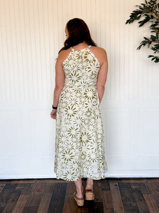 Sagebrush Bloom Halter Midi Dress (Lt. Olive) - 170 Dresses - The Farmhouse