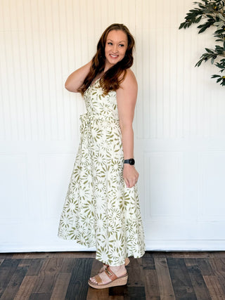 Sagebrush Bloom Halter Midi Dress (Lt. Olive) - 170 Dresses - The Farmhouse