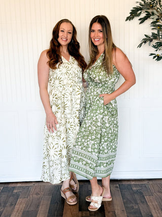 Sagebrush Bloom Halter Midi Dress (Lt. Olive) - 170 Dresses - The Farmhouse