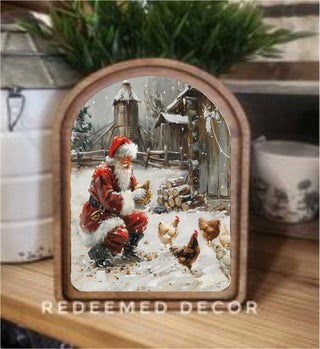 Santa with Chickens Christmas Arch Framed Art, 6”x8"