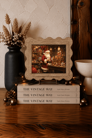 Santa workshop scalloped framed canvas Christmas art for holiday shelf and mantel decor
