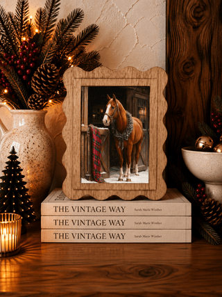 Scallop-edge framed canvas art of a Christmas horse for holiday decor