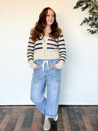Seaside Stroll Zip - Up Pointelle Sweater Jacket - 100 Casual Tops - The Farmhouse