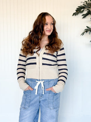 Seaside Stroll Zip - Up Pointelle Sweater Jacket - 100 Casual Tops - The Farmhouse