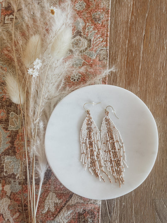 Seed Bead Earrings - Gold & White - The Farmhouse