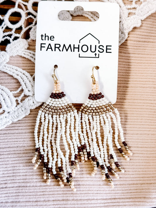 Seed Bead Earrings - White, Brown and Gold - The Farmhouse