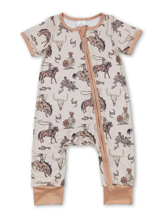 Short Sleeves Rodeo Bull Skull Baby Western Zipper Romper - The Farmhouse