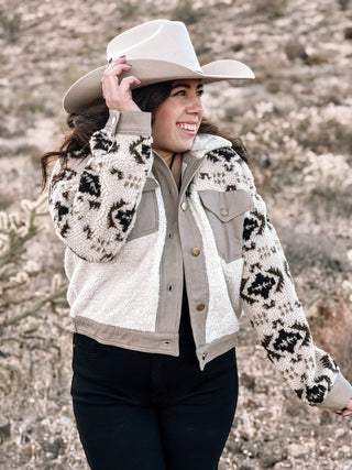 Sierra Spirit Boho Western Sherpa Cropped Jacket, Taupe - The Farmhouse