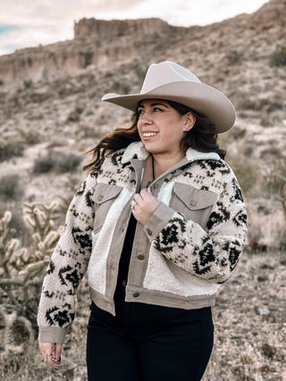 Sierra Spirit Boho Western Sherpa Cropped Jacket, Taupe - The Farmhouse