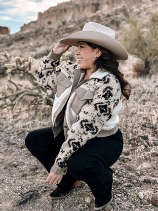 Sierra Spirit Boho Western Sherpa Cropped Jacket, Taupe - The Farmhouse