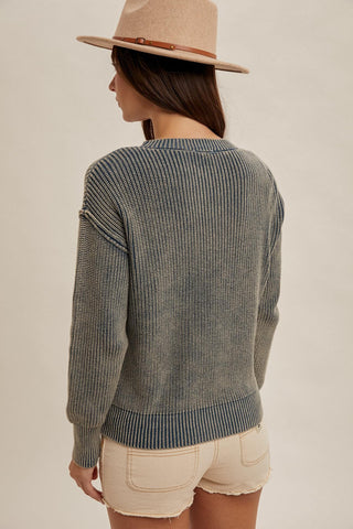 Sierra Sunset Athleisure Ribbed Long Sleeve Sweater Top, Denim - The Farmhouse