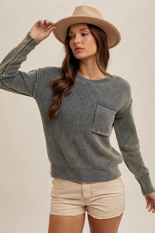 Sierra Sunset Athleisure Ribbed Long Sleeve Sweater Top, Denim - The Farmhouse