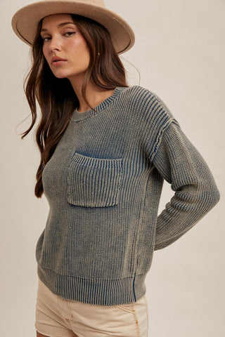 Sierra Sunset Athleisure Ribbed Long Sleeve Sweater Top, Denim - The Farmhouse