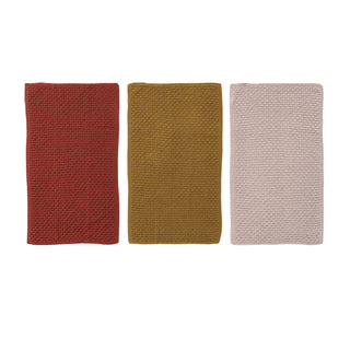 Basketweave cotton knit tea towels in taupe, olive and terracotta