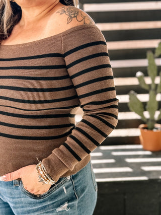 Siren's Song Stripe Off The Shoulder Comfortable Knit Top, Mocha - The Farmhouse