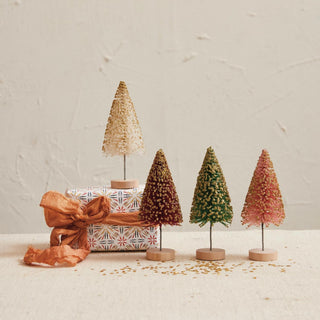 Sisal Bottle Brush Trees w/ Gold Glitter & Wood Base - Burgendy - The Farmhouse