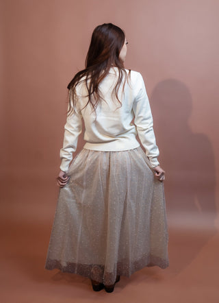Back view of champagne Snowfall sequin maxi skirt